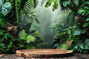 Tropical Jungle Backdrop with Wooden Platform for Display and Photography photo