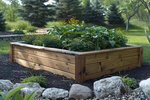 Lush Raised Garden Bed with Vegetables and Flowers in a Tranquil Outdoor Setting photo