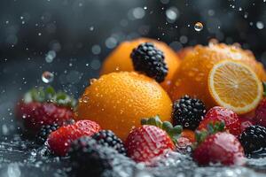 Fresh Citrus and Berries in Water Splash - Vibrant Fruit Photography for Health and Wellness Design photo