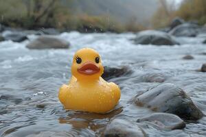 Yellow Rubber Duck in Tranquil River Setting for Nature-Themed Design photo