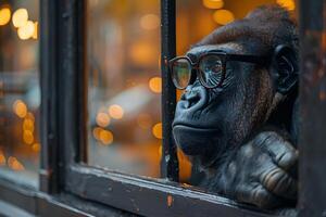 Intellectual Gorilla Gazing Out Window with Bokeh Lights for Humorous Print Design photo