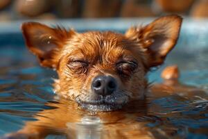 Relaxed Small Dog Enjoying a Refreshing Swim in a Pool on a Sunny Day photo