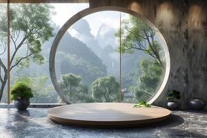 Tranquil Zen Interior with Panoramic Mountain View Through Circular Window photo