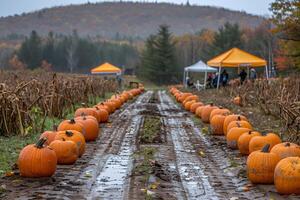 Autumn Harvest Festival in Rustic Pumpkin Patch with Scenic Mountain Backdrop photo