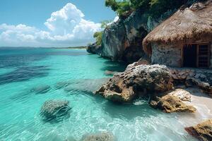 Tropical Coastal Paradise with Crystal Clear Waters and Rustic Hut photo