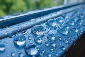 Close-Up of Water Droplets on Glass Window Sill Under Natural Light photo