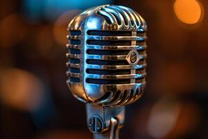 Vintage Microphone with Warm Studio Lighting for Music and Recording Concepts photo