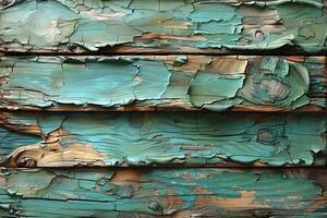 Weathered Green and Brown Peeling Paint Texture on Rustic Wooden Planks for Background Use photo