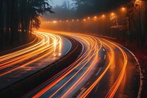 Illuminated Highway Long Exposure at Night in Misty Forest - Dynamic Motion Blur Concept for Urban Design photo