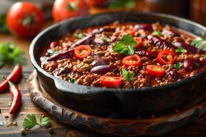 Hearty Homemade Chili with Ground Beef, Red Beans, and Fresh Vegetables in Cast Iron Skillet photo