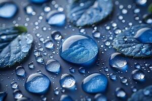 Freshness and Serenity Macro Photography of Water Droplets on Blue Leaves photo