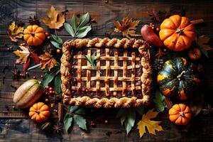 Autumn Harvest Pie with Lattice Crust Surrounded by Colorful Gourds and Leaves photo