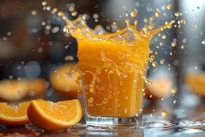 Refreshing Splash of Orange Juice with Fresh Citrus Slices photo
