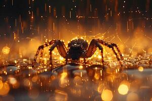 Illuminated Spider on a Glowing Wet Surface - Abstract Golden Light Design for Posters photo