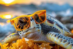 Turtle with Sunglasses Enjoying a Vibrant Beach Sunset photo