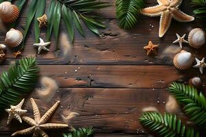 Tropical Beach Vibes with Starfish and Seashells on Rustic Wooden Background photo