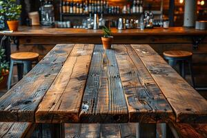 Rustic Wooden Table in Cozy Cafe Setting with Warm Ambiance for Relaxation and Dining photo