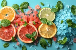 Refreshing Citrus Splash with Mint Leaves and Colorful Crushed Ice for Summer Design photo