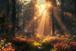 Tranquil Forest Sunrise with Sun Rays and Wildflowers photo