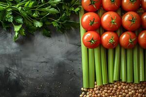 Fresh Ingredients Display with Tomatoes, Celery, and Soybeans on a Rustic Table photo