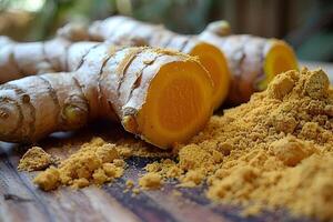 Fresh and Ground Turmeric Root for Culinary and Medicinal Use photo