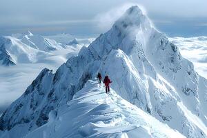 Adventurous Winter Climb in Majestic Snow-Covered Mountain Range photo