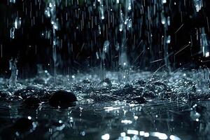 Dramatic Rainfall Scene with Drops Splashing on Water Surface in Low Light photo
