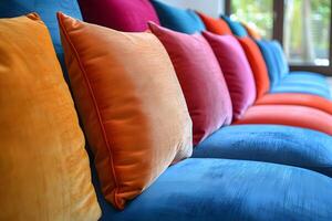 Vibrant Multicolored Cushion Arrangement on Blue Sofa in Modern Setting photo