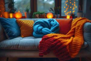 Cozy Winter Living Room Scene with Bright Knitted Blankets and Ambient Lights photo