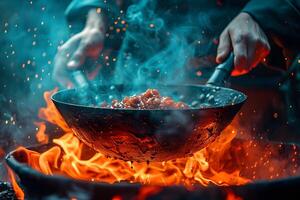 Dynamic Culinary Art Stir-Frying Techniques with Flame and Motion photo