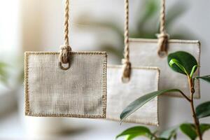 Eco-Friendly Square Linen Tags Hanging by Twine in Natural Setting photo
