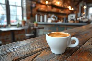 Cozy Coffee Moment in Rustic Cafe Setting with Warm Lighting photo