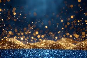 Glittering Gold and Blue Bokeh Background for Festive Celebrations or Design Projects photo