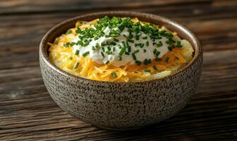 A bowl of food with a creamy sauce and cheese on top photo