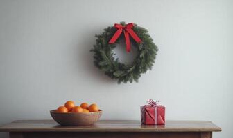 A wreath with red ribbon hangs on a wall above a table with a bowl of oranges photo