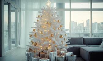 A large white Christmas tree with gold ornaments sits in front of a window in a photo