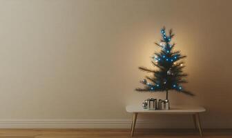 A small Christmas tree is sitting on a table in a room with a white wall photo