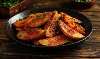 A plate of spicy potatoes sits on a wooden table photo