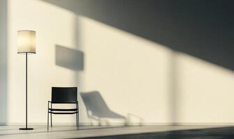 A black chair is sitting in front of a white wall with a lamp on the floor photo