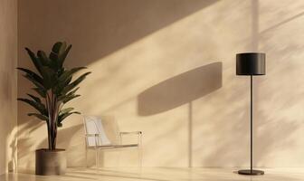 A white chair is sitting in front of a plant in a room with a tan wall photo