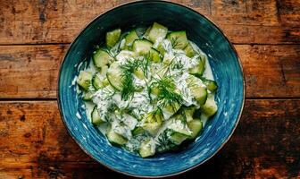 A blue bowl filled with cucumbers and a creamy white sauce photo