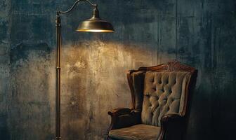 A lamp is lit up and a chair is sitting in front of it photo