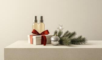 A white box with a red ribbon sits on a table next to two bottles of perfume photo