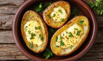 Three small baked potatoes with butter and parsley on top photo
