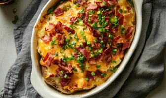 A white bowl of mashed potatoes with bacon and green onions photo