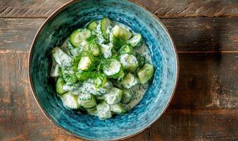 A blue bowl filled with cucumbers and a creamy white sauce photo