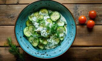 A blue bowl filled with cucumbers and a creamy sauce photo