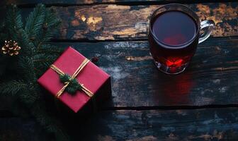 A red box with a ribbon on it sits on a wooden table next to a cup of tea photo
