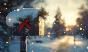 A mailbox covered in snow and red ribbons with a wreath on top photo
