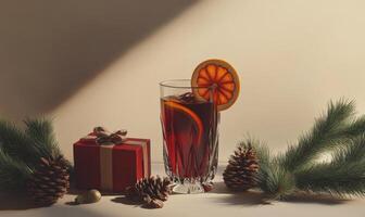 A glass of red wine with an orange slice on top is on a table next to a red box photo